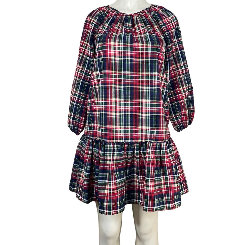 LDT Rachel Plaid Round Neck 3/4 Puff Sleeve Ruffled Poof Waistless Dress Size 6